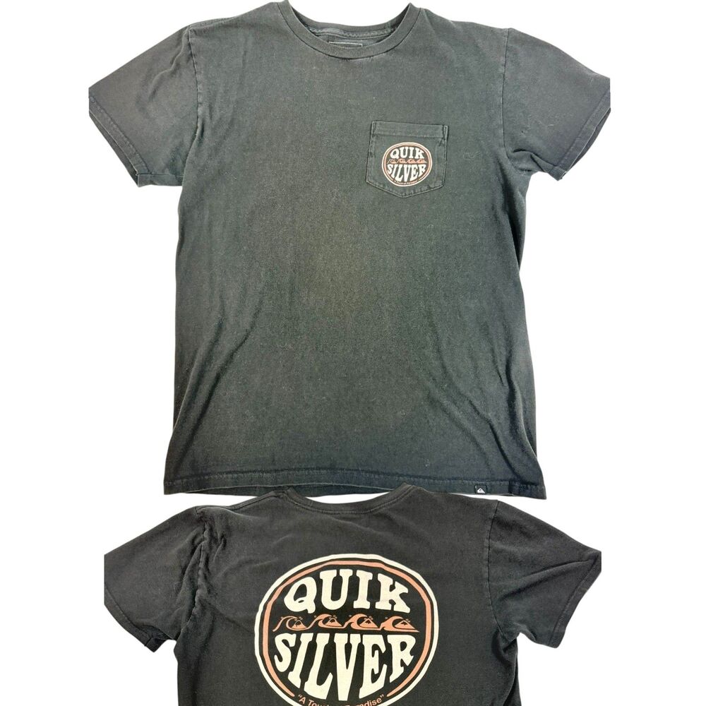Quiksilver Pocket Tee Black Surf Graphic Cotton Paradise Mens Medium Regular Fit